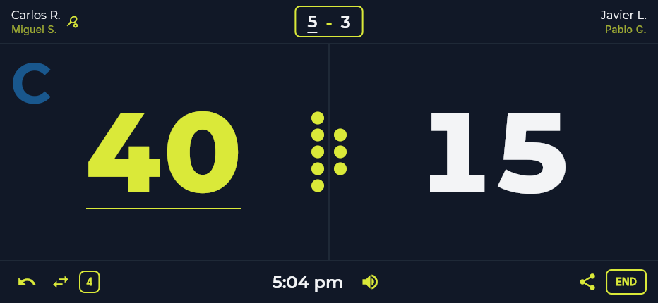 Padeuce live scoring — set 1 close