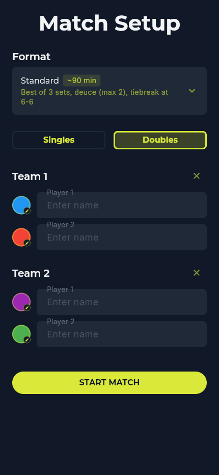 Padeuce match setup screen